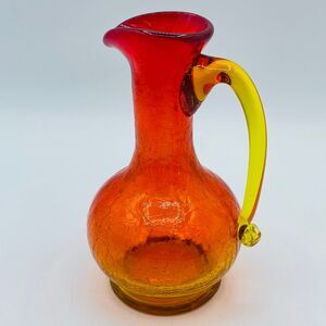 Orange Yellow Amber Crackle Glass Handled Small Pitcher Vase Partial Glow MCM